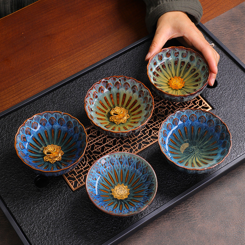 Kiln-Changed Glaze Tea Cup – Handcrafted Ceramic Gongfu Tea Cups with Metallic Inlay