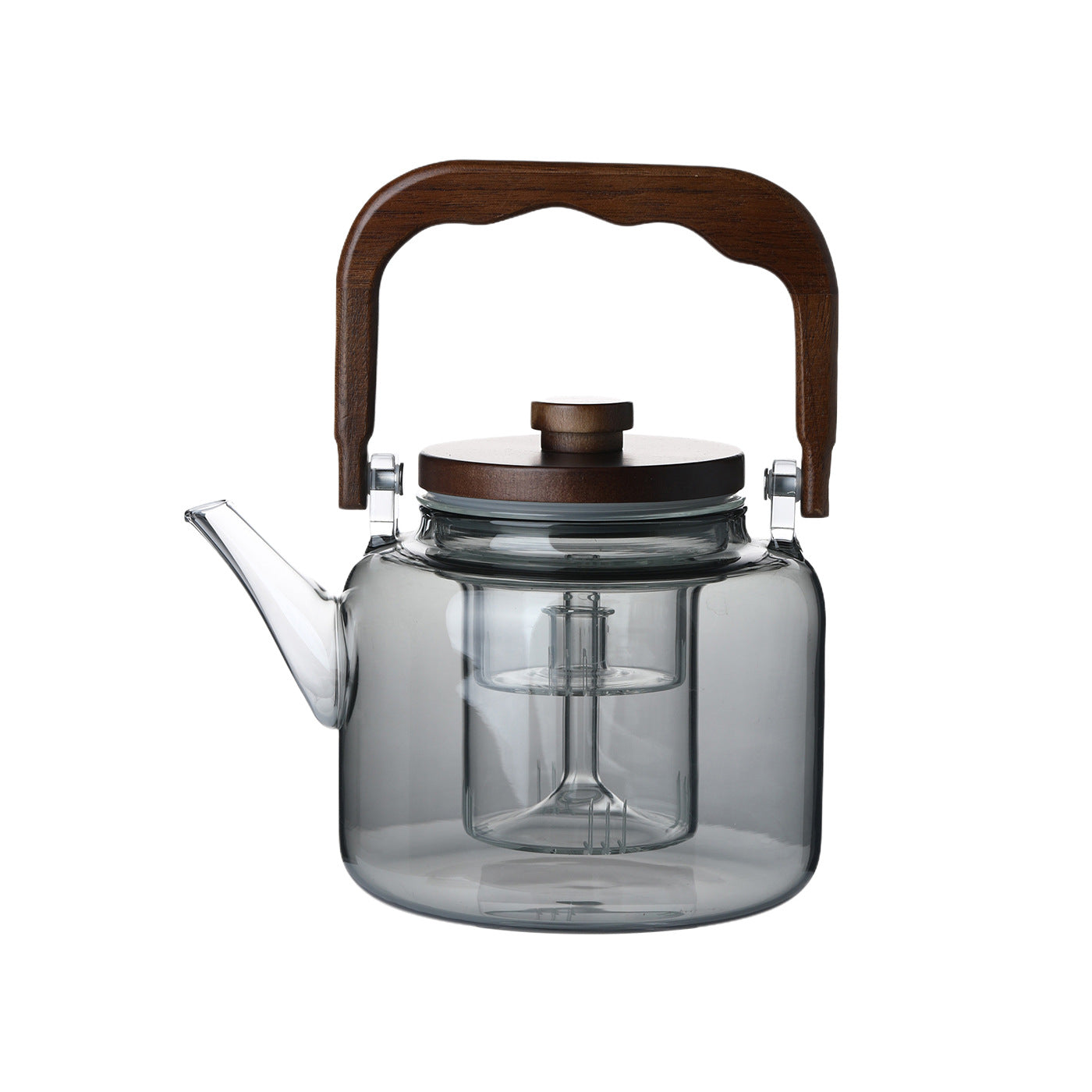 Glass Handle Teapot – Walnut Wood Accent, 1000ml, Heat-Resistant, in Clear & Smoke Grey