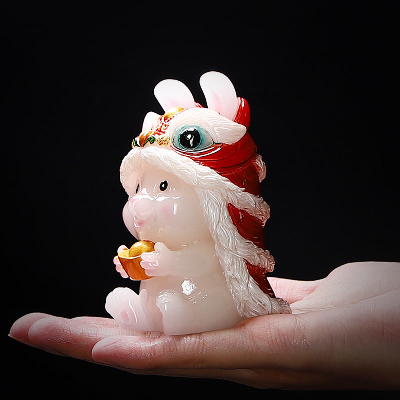 Color-Changing Lion Dance Rabbit Tea Pet – Jade Effect, Resin Figurine