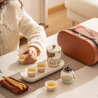 Porcelain Travel Tea Set – Moon White, 1 Teapot + 4 Cups + Tea Canister + Tray, with Brown Travel Pouch