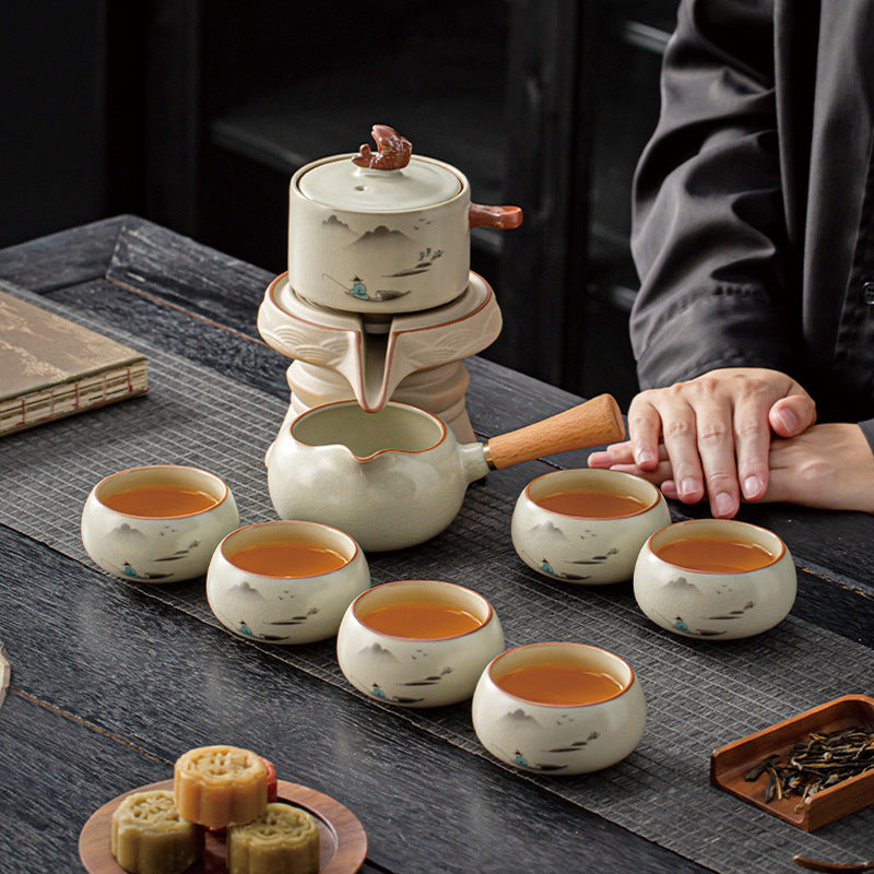Automatic Tea Set – Ru Ware Style, Hand-Painted Fishing Scene, 6-Person Set