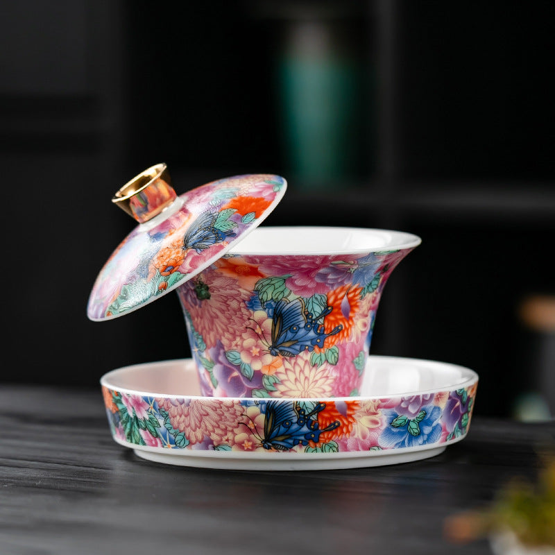 Enamel Painted Porcelain Gaiwan – Traditional Chinese Style, High Foot Design