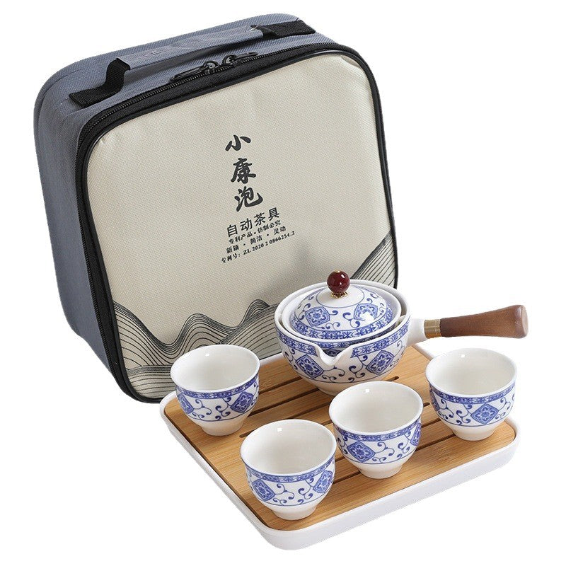 Automatic Porcelain Travel Tea Set – Blue Floral & Black Elegant Designs, Portable Gongfu Set
