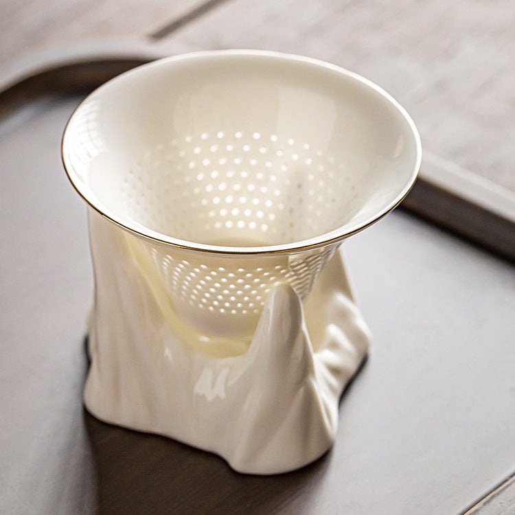 White Porcelain Tea Strainer Set – Gold Trim, Multiple Designs, Ceramic Filter