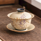 Blue and White Fire Stone Red Gaiwan – Hand-Painted Wisteria, Gold Trim, Gift Box, 135ml