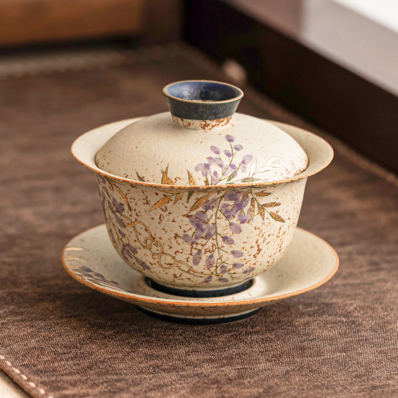 Blue and White Fire Stone Red Gaiwan – Hand-Painted Wisteria, Gold Trim, Gift Box, 135ml