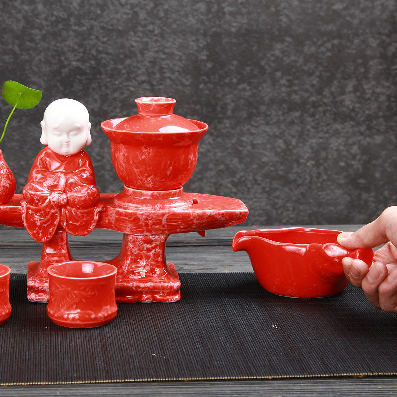 Semi-Automatic Marble Pattern Gongfu Tea Set – Ceramic, Complete Set with Base