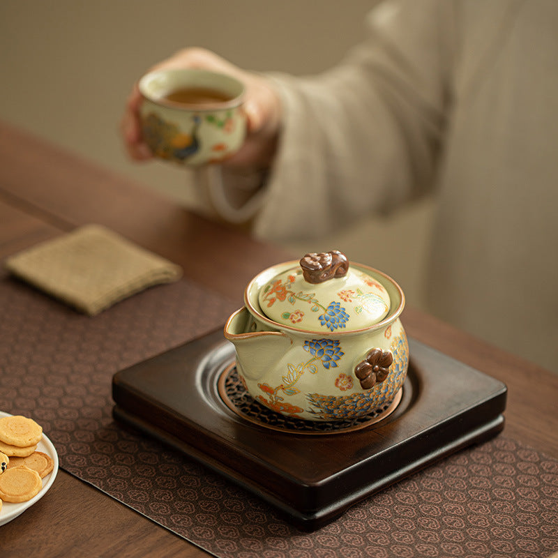 Song Dynasty Style Ru Ware Hand‑Held Chinese Teapot – Peacock Design, 200ml