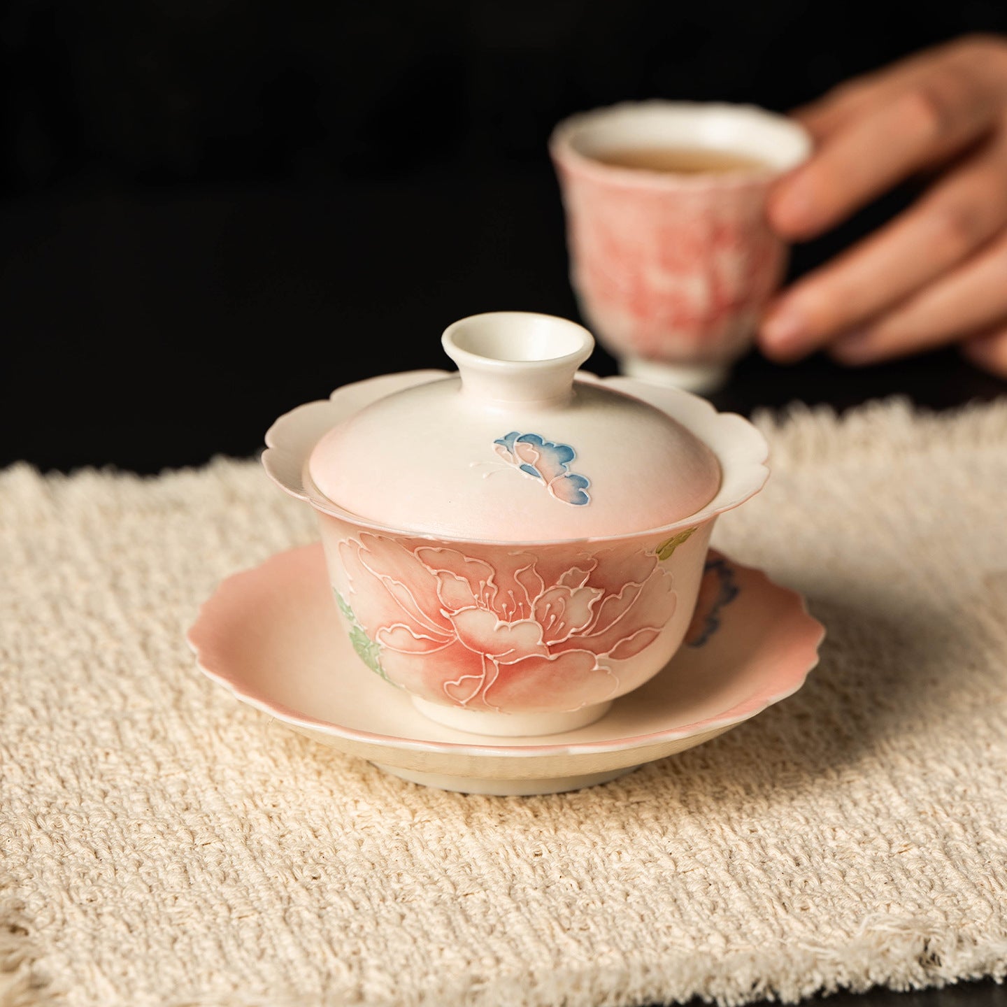 Gradual Pink Peony & Butterfly Flower Rim Gaiwan – with Saucer, 140ml