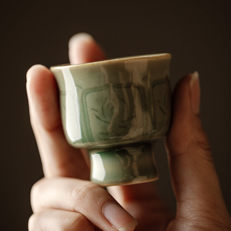 Longquan Celadon Chinese Tea Cup – Hand-Carved “Fu” Character with Phoenix Design