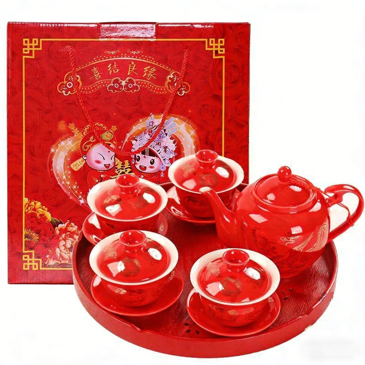 中式婚礼茶壶配四只盖碗