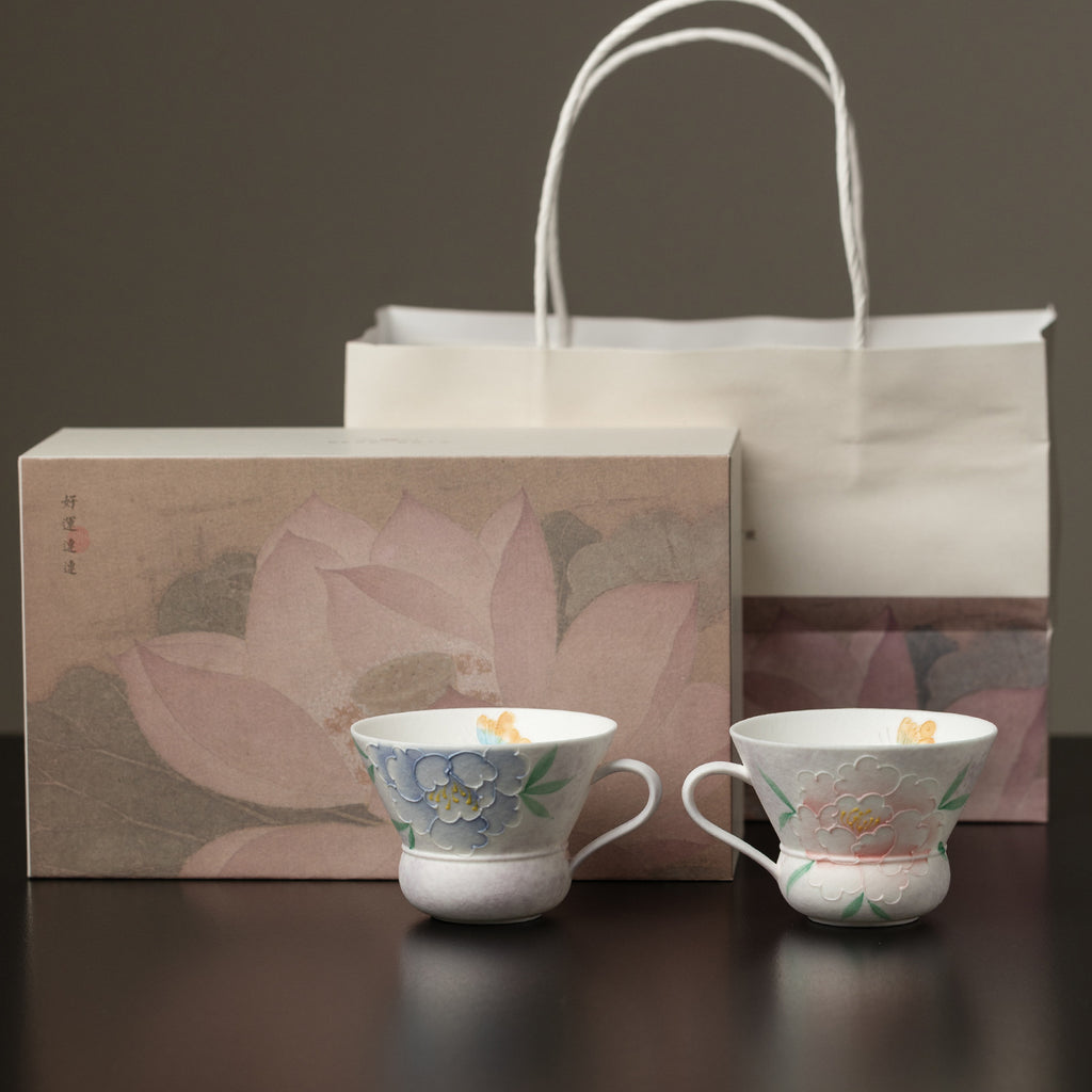 Hand-Painted Peony Gongfu Tea Cup – Ear-Handle Design, 80ml (Pink & Purple)