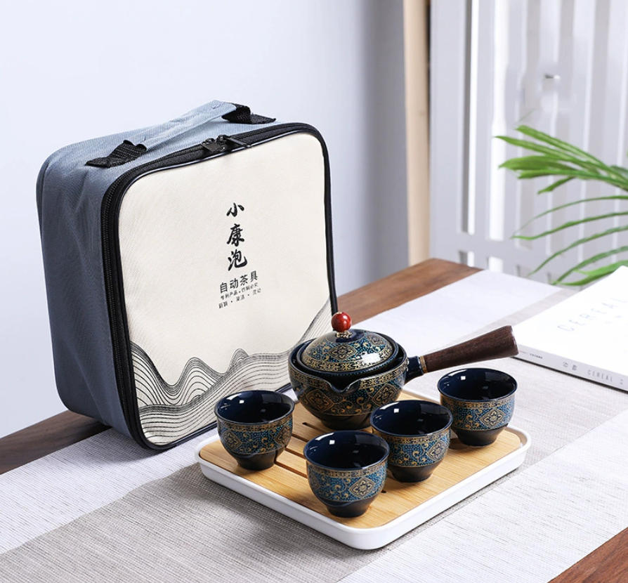 Automatic Porcelain Travel Tea Set – Blue Floral & Black Elegant Designs, Portable Gongfu Set