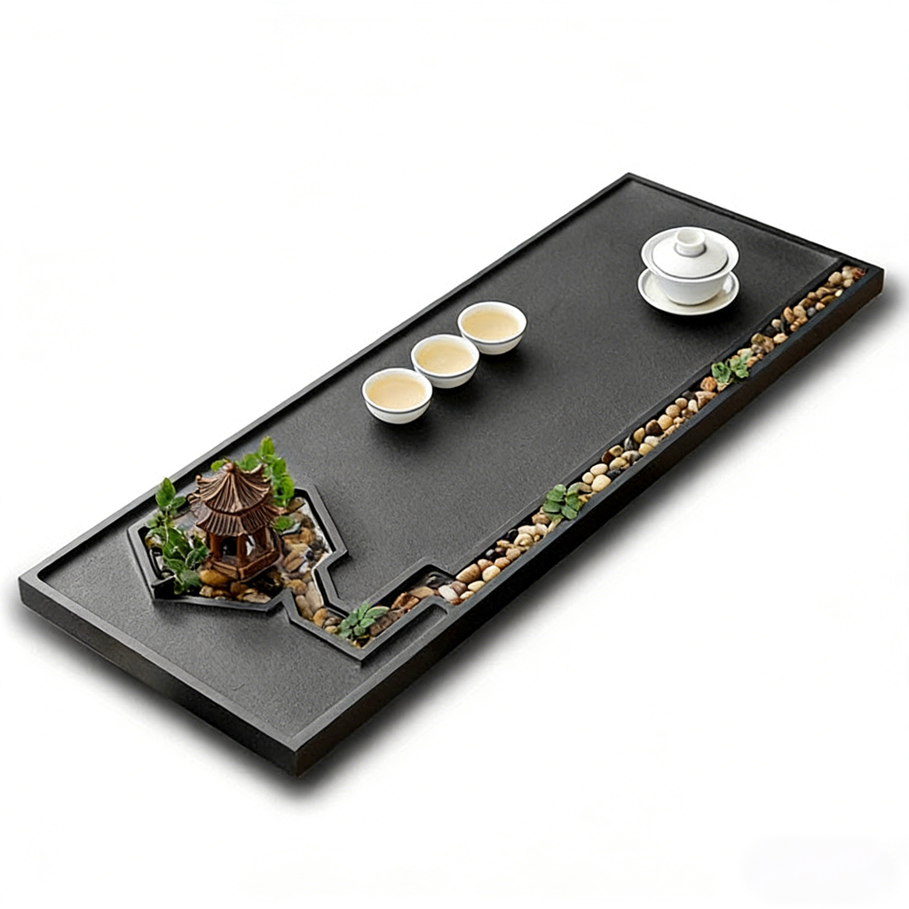 Black Stone Zen Tea Tray With Pavilion And Brook