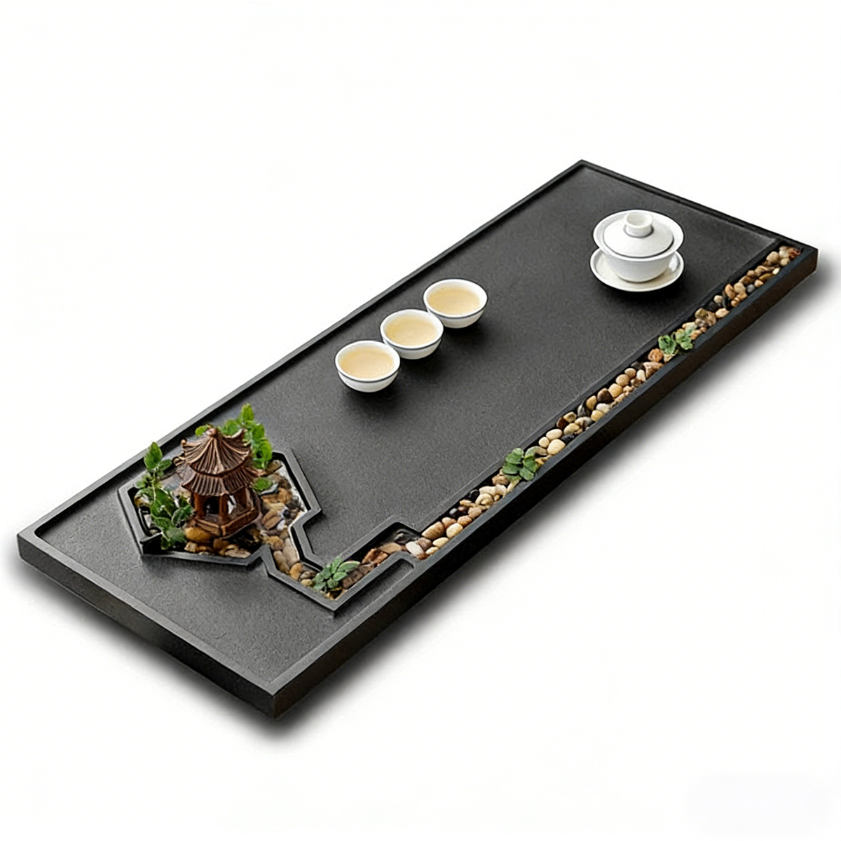 Black Stone Zen Tea Tray With Pavilion And Brook