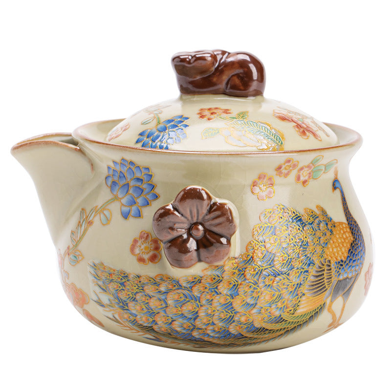 Song Dynasty Style Ru Ware Hand‑Held Chinese Teapot – Peacock Design, 200ml