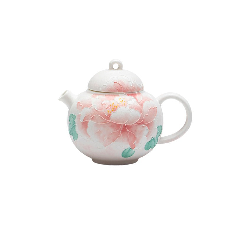 Hand-Painted Peony Porcelain Chinese Teapot – Pastel Pink, Built-in Filter, 160ml