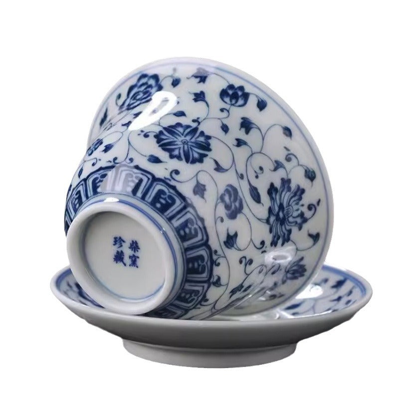 Vintage Blue and White Interlocking Lotus Three-Piece Gaiwan – Jingdezhen Kung Fu Tea Bowl