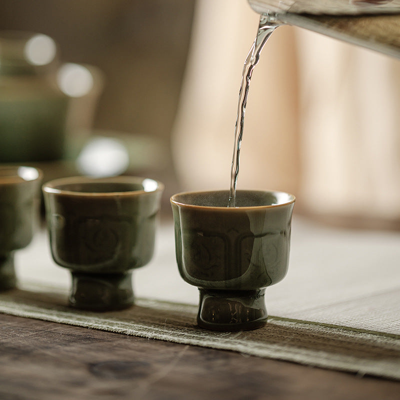 Longquan Celadon Chinese Tea Cup – Hand-Carved “Fu” Character with Phoenix Design