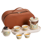 Porcelain Travel Tea Set – Moon White, 1 Teapot + 4 Cups + Tea Canister + Tray, with Brown Travel Pouch