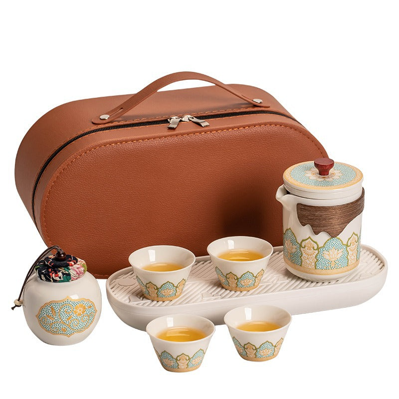 Porcelain Travel Tea Set – Moon White, 1 Teapot + 4 Cups + Tea Canister + Tray, with Brown Travel Pouch