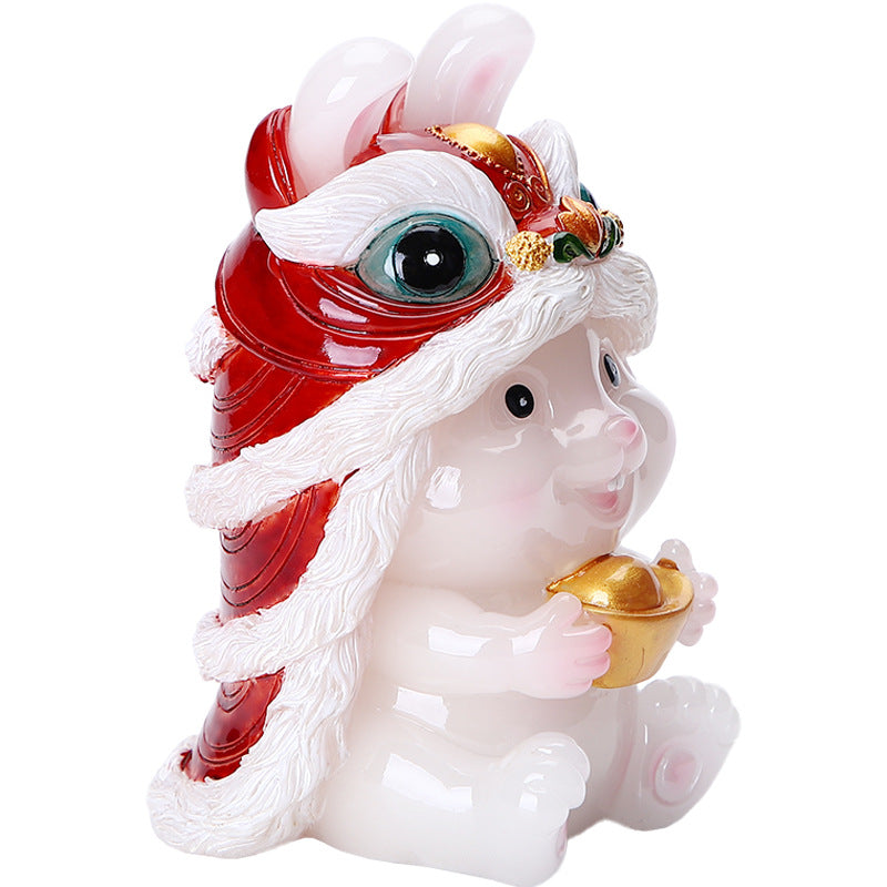Color-Changing Lion Dance Rabbit Tea Pet – Jade Effect, Resin Figurine