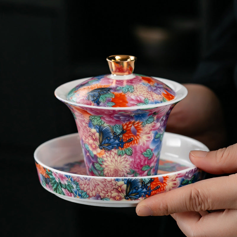Enamel Painted Porcelain Gaiwan – Traditional Chinese Style, High Foot Design