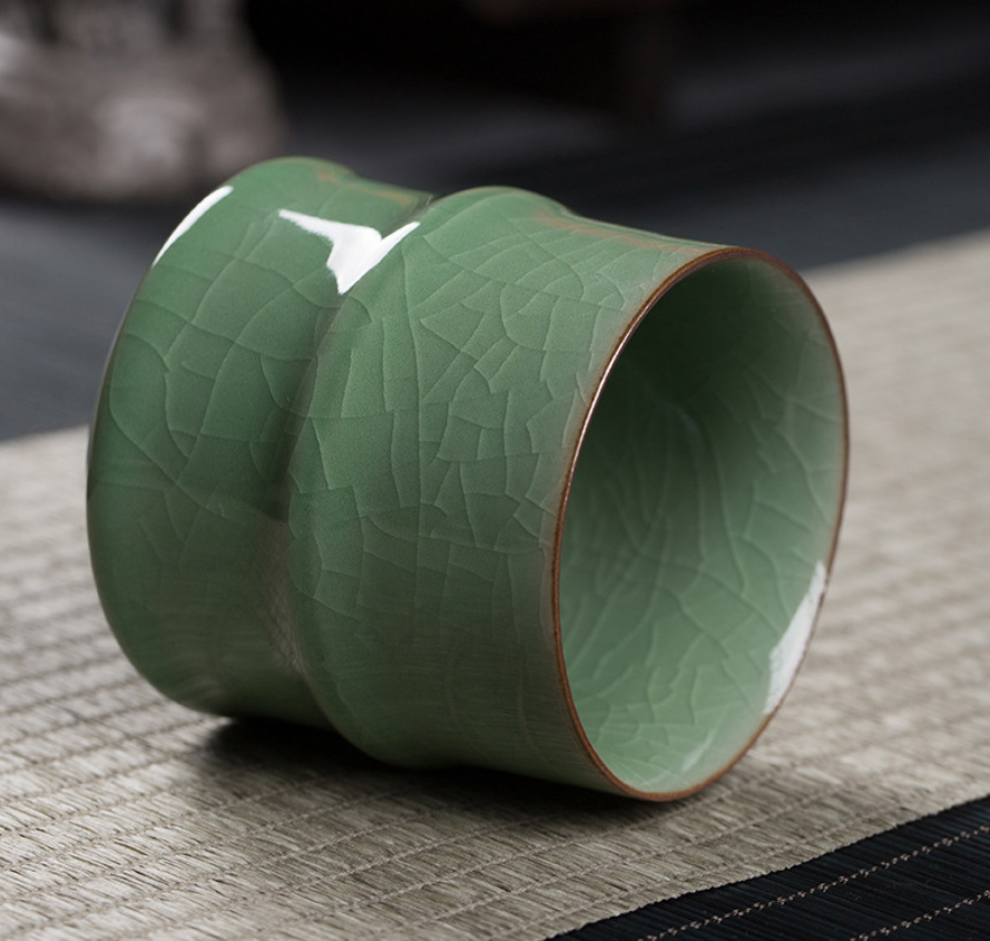 Longquan Celadon Chinese Tea Cup – Ge Kiln Plum Green with Crackled Glaze, Bamboo Joint Design