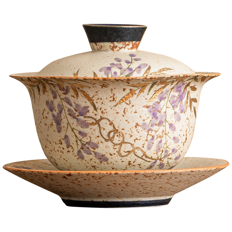 Blue and White Fire Stone Red Gaiwan – Hand-Painted Wisteria, Gold Trim, Gift Box, 135ml