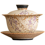 Blue and White Fire Stone Red Gaiwan – Hand-Painted Wisteria, Gold Trim, Gift Box, 135ml