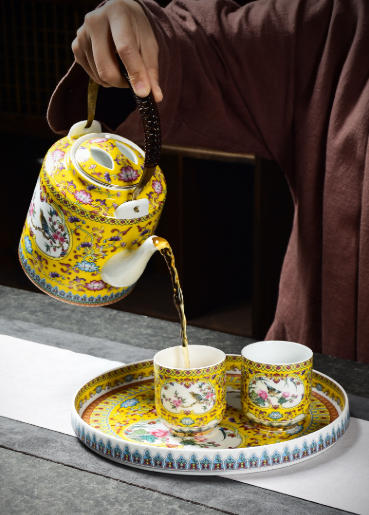 Porcelain Chinese Teapot with Handle – Yellow, Traditional Court Style, Large Capacity