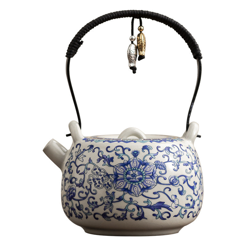 Ru Kiln Porcelain Teapot – Beige Glaze with Floral Motif, Traditional Chinese Style