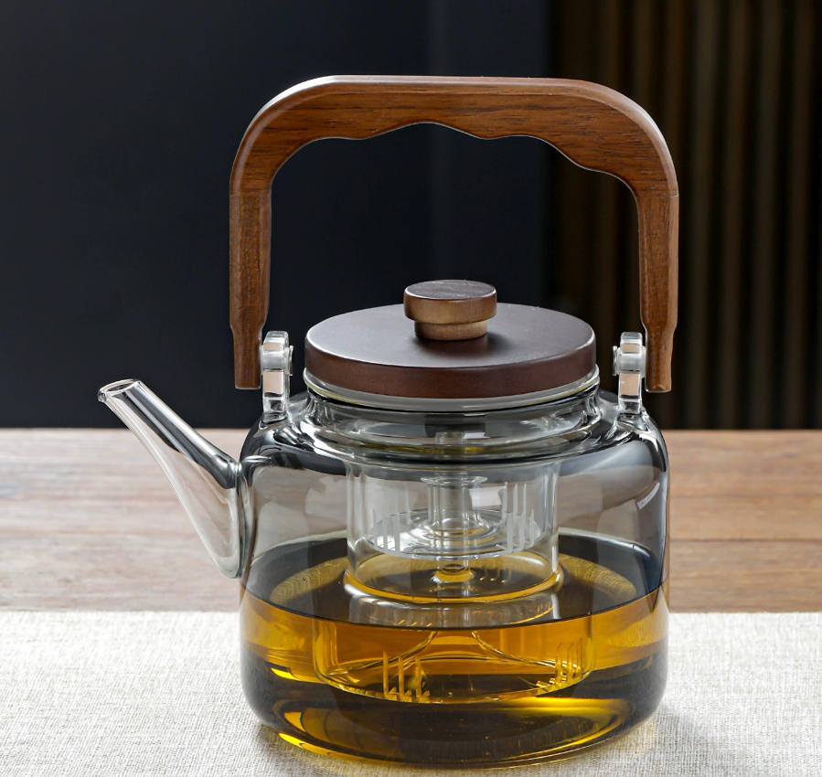 Glass Handle Teapot – Walnut Wood Accent, 1000ml, Heat-Resistant, in Clear & Smoke Grey