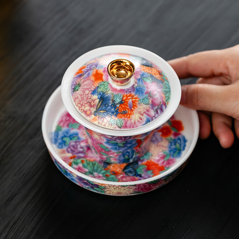 Enamel Painted Porcelain Gaiwan – Traditional Chinese Style, High Foot Design