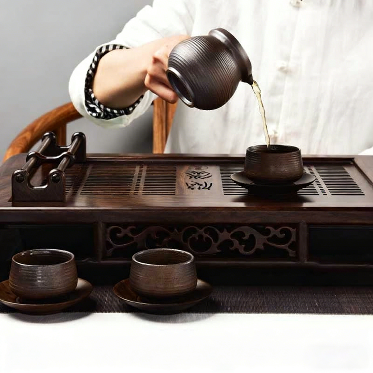 乌木茶盘带杯托