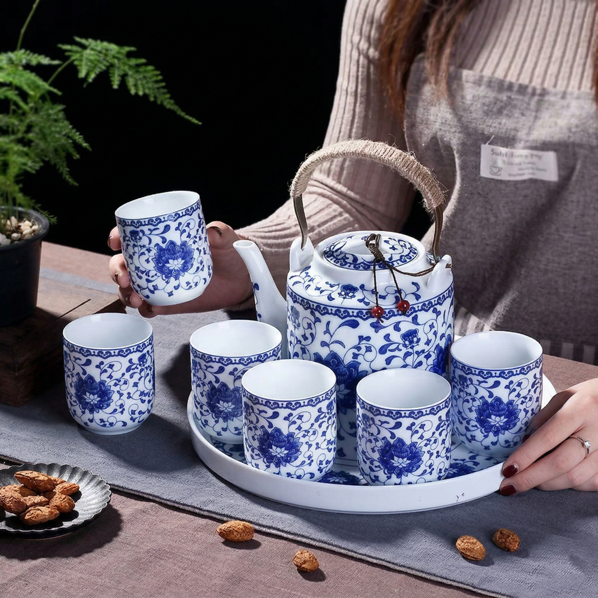 Jingdezhen Blue and White Interlocking Lotus Lifting Handle  Chinese Tea Set