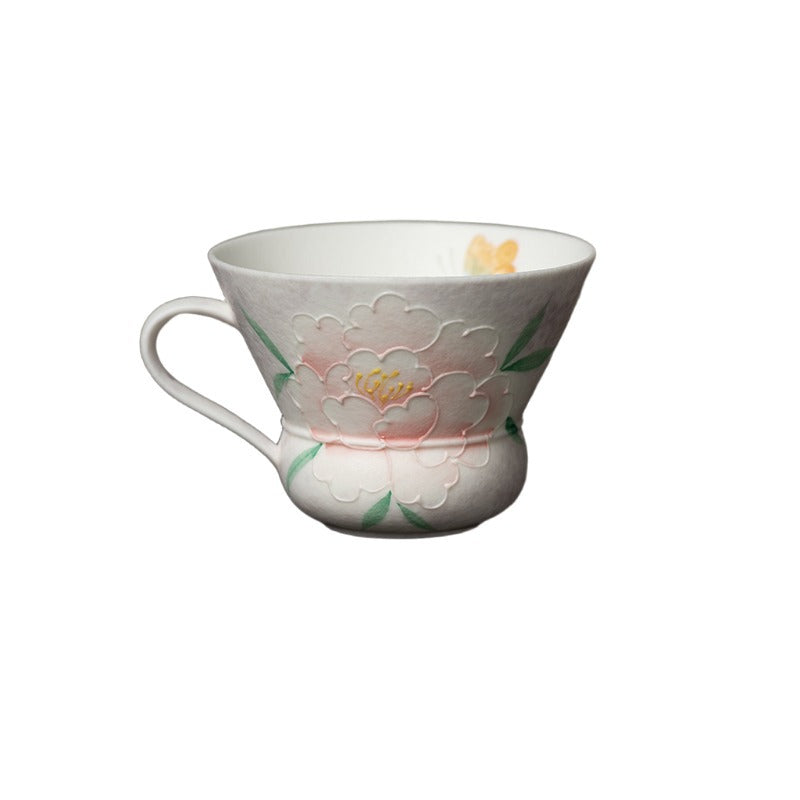 Hand-Painted Peony Gongfu Tea Cup – Ear-Handle Design, 80ml (Pink & Purple)