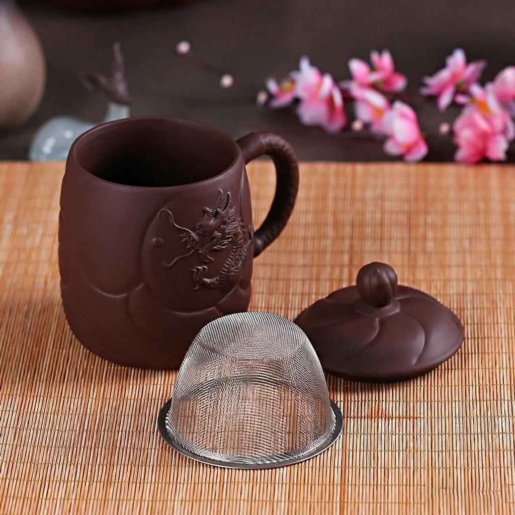 宜兴紫砂龙纹茶杯带滤胆