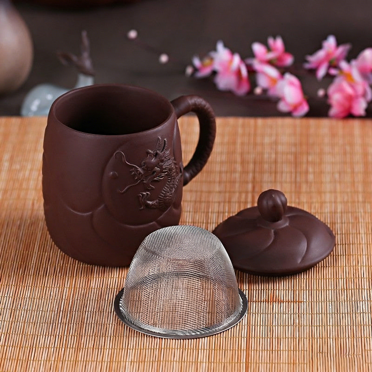 宜兴紫砂龙纹茶杯带滤胆