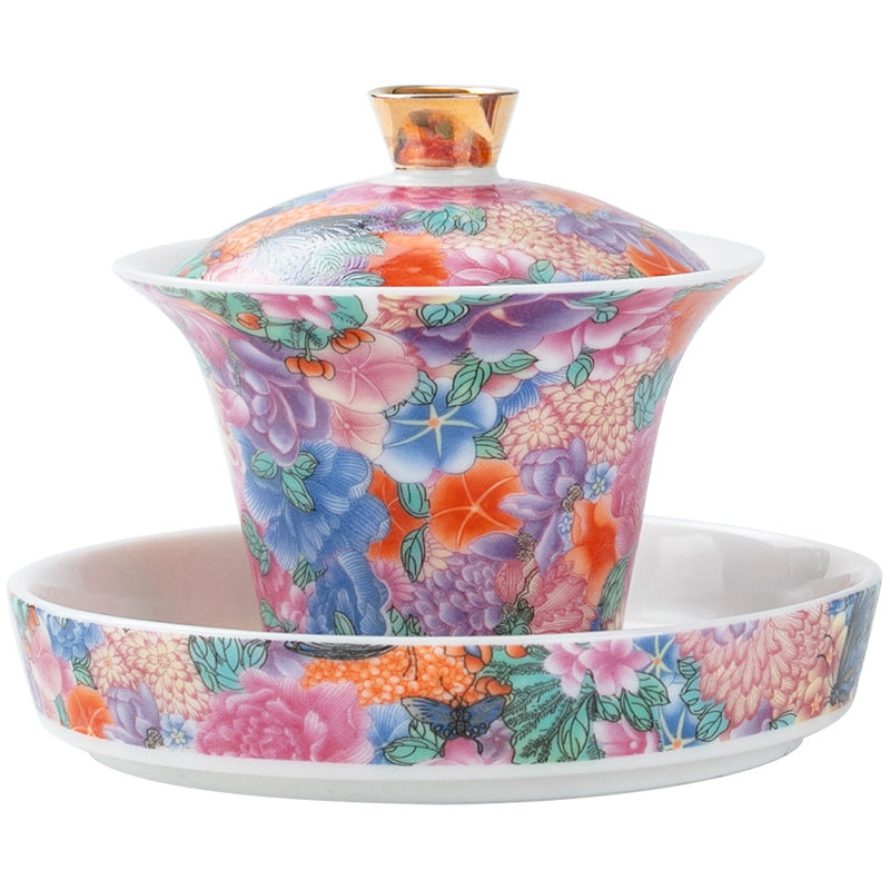 Enamel Painted Porcelain Gaiwan – Traditional Chinese Style, High Foot Design