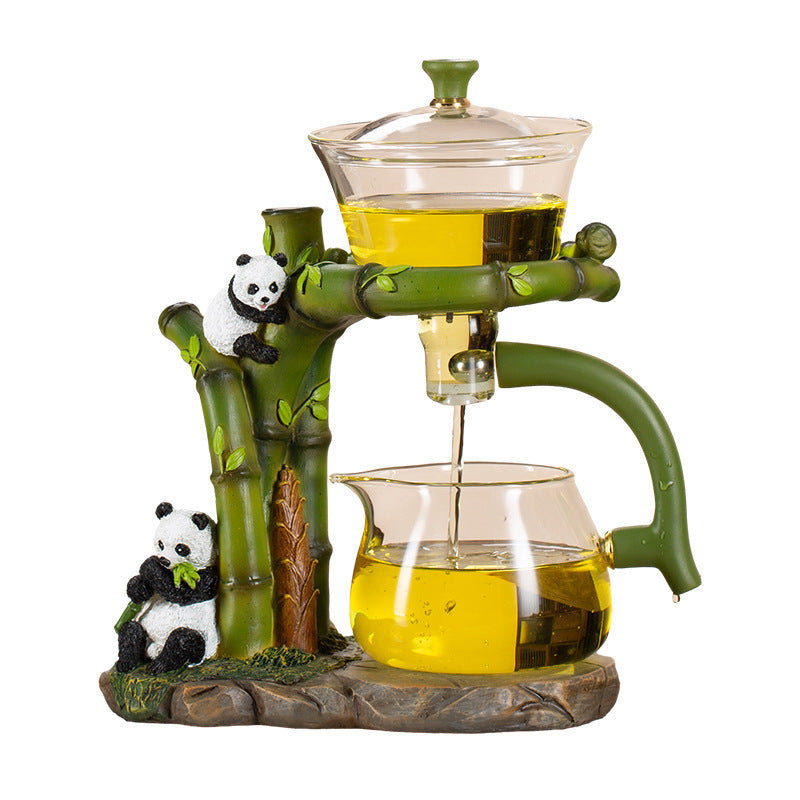 Automatic Tea Set – Panda Magnetic Glass Teapot, 6 Cups & Tea Tray, 350ml