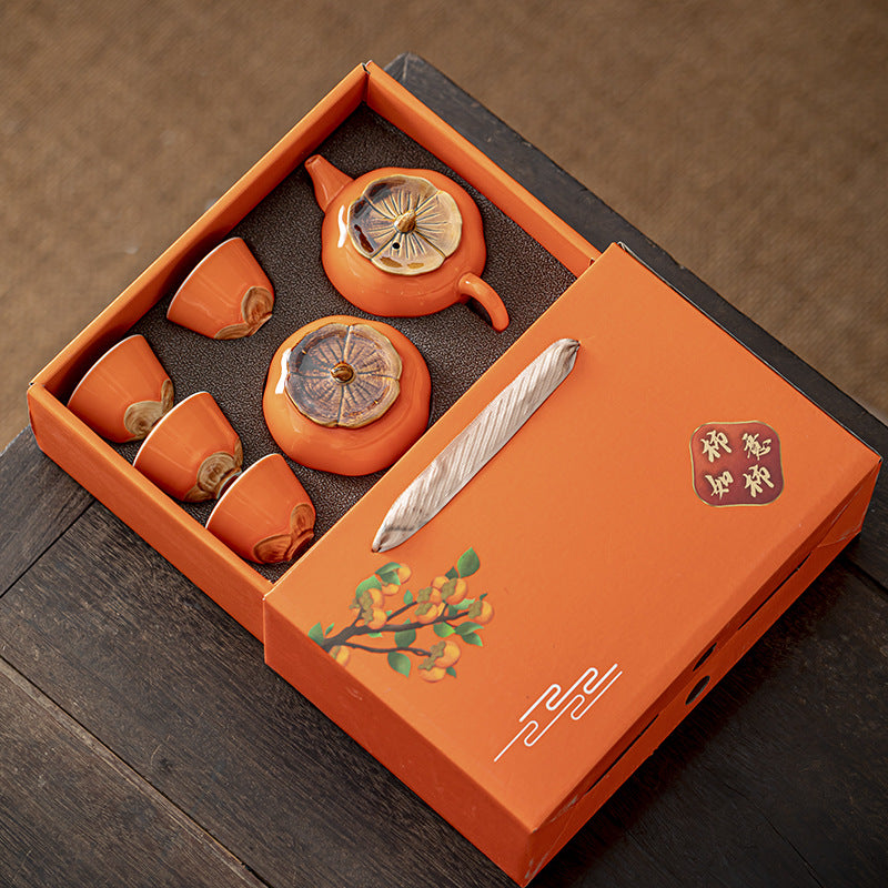 Persimmon “Everything Goes Well” Modern Tea Set – 4-Cup Gift Set with Flower Base Cups
