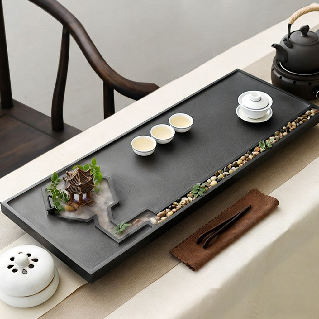 Black Stone Zen Tea Tray With Pavilion And Brook