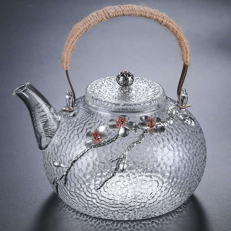 Glass Handle Teapot with Tin Flower Accents – Heat-Resistant Stovetop Kettle