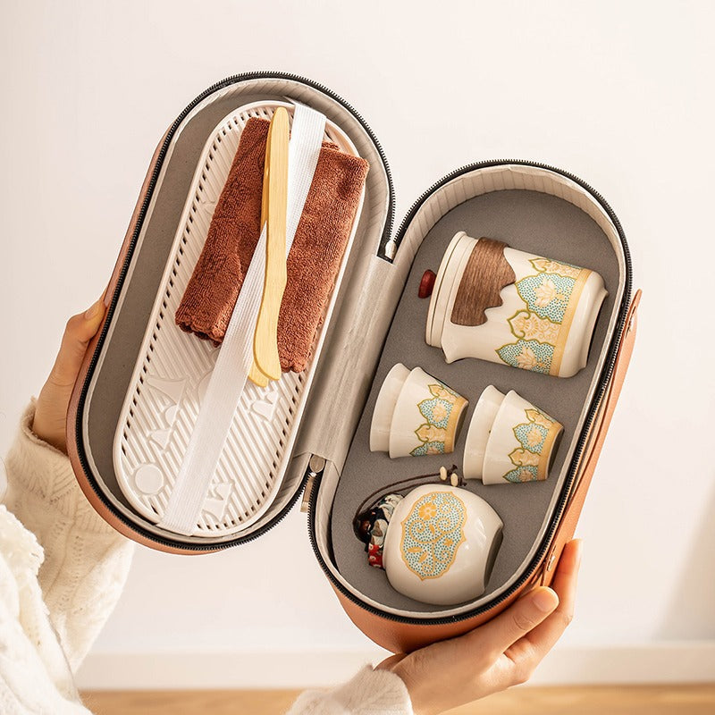 Porcelain Travel Tea Set – Moon White, 1 Teapot + 4 Cups + Tea Canister + Tray, with Brown Travel Pouch