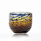 Edo Kiriko Amber Blue Chrysanthemum Whiskey Glass Tea Cup