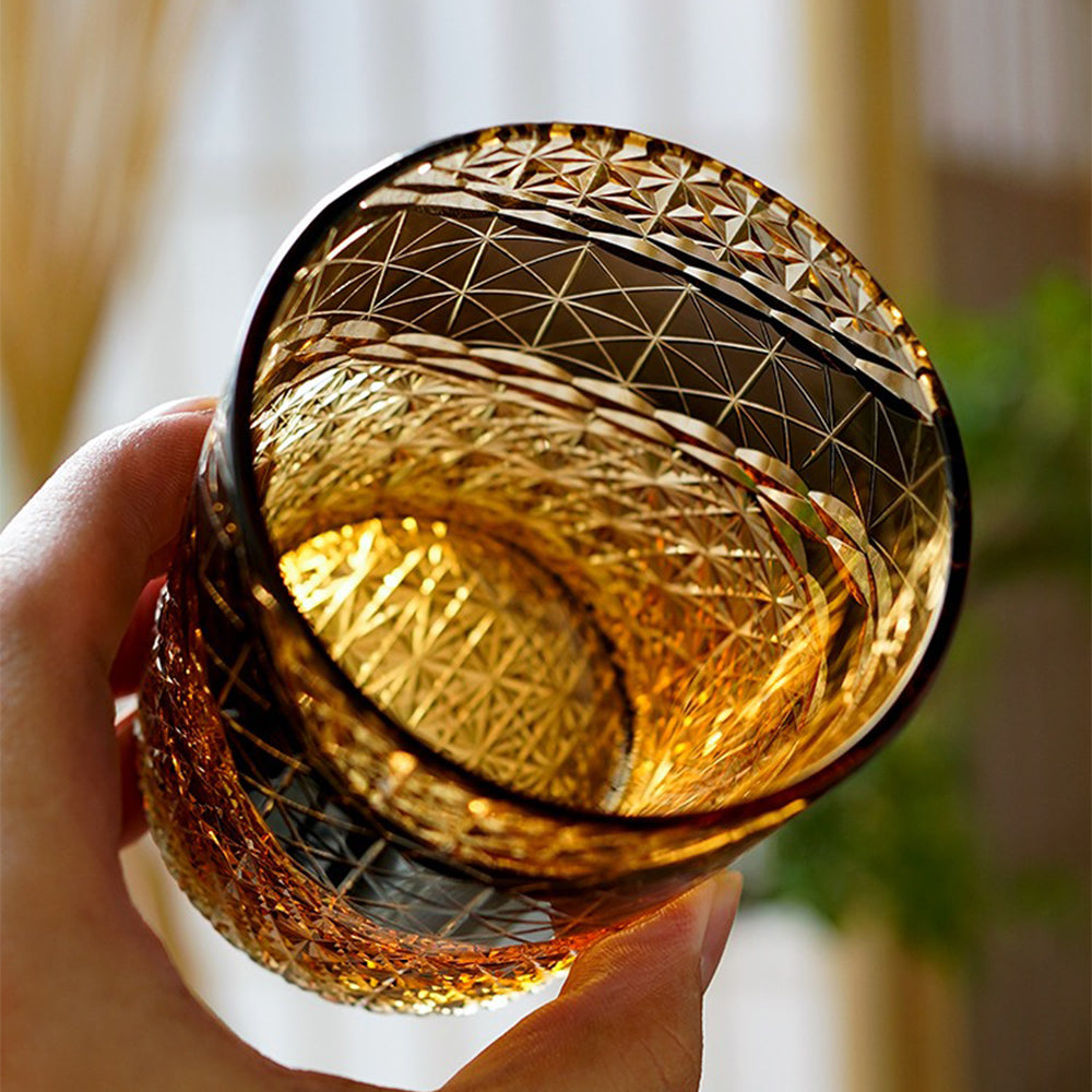 Edo Kiriko Prism Amber Chrysanthemum Whiskey Glass Tea Cup