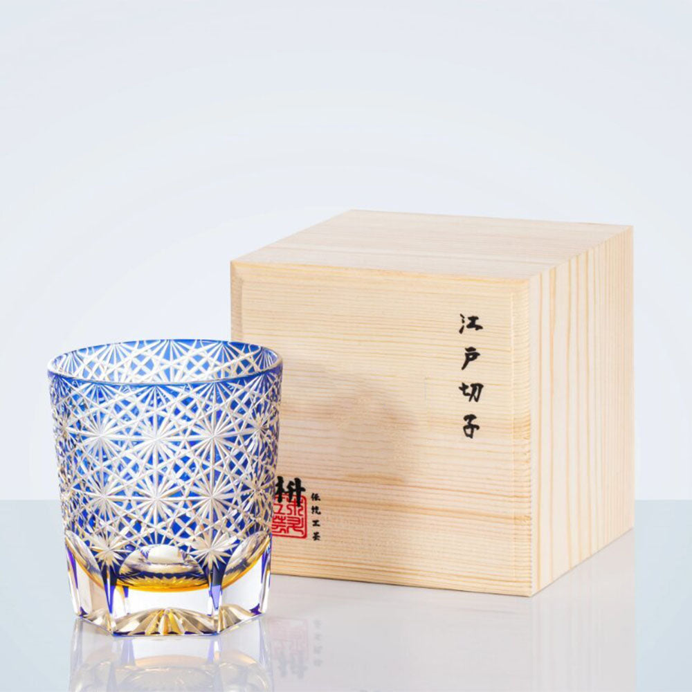 Edo Kiriko Royal Blue Star Chrysanthemum Whiskey Glass Tea Cup