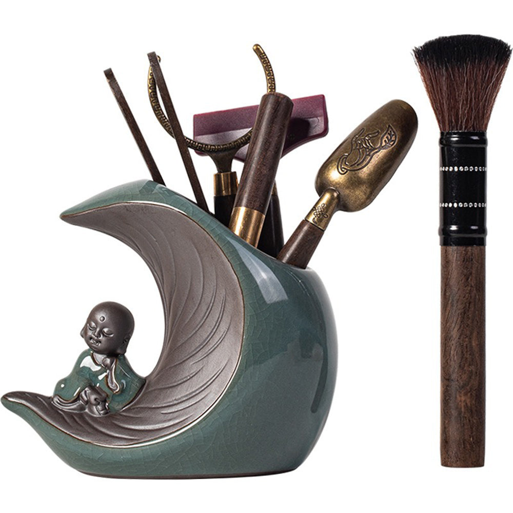 Ebony Tea Utensils Set With Moon And Monk Holder