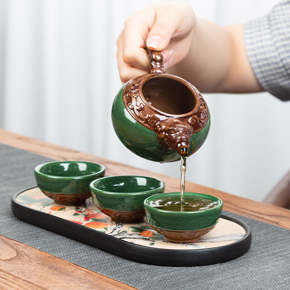 Green Ice Crack Tea Set With Dragon Tea Tray